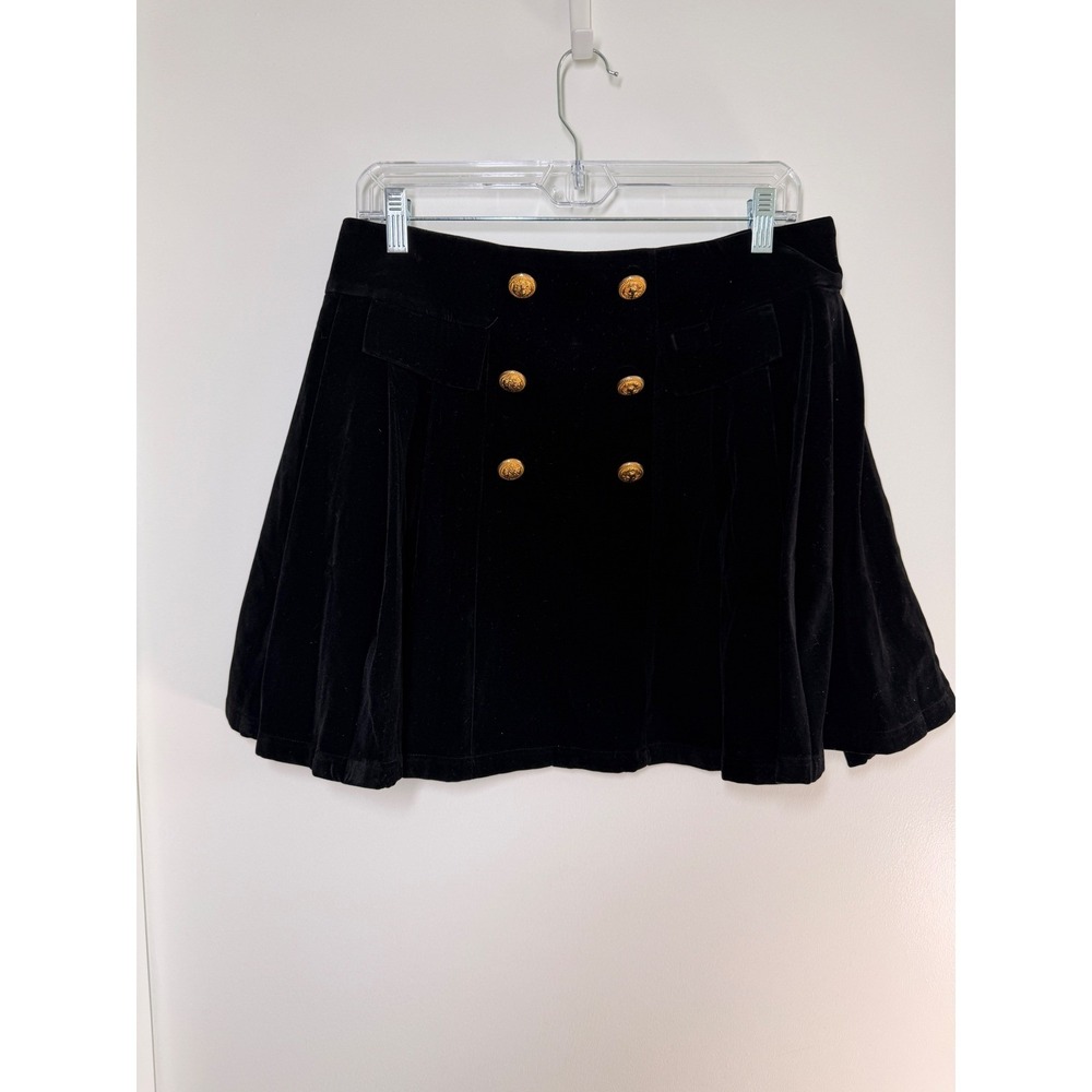 Cider Velvet Pleated Mini Skirt Women XL Black NWT Gold Lion Button coquette